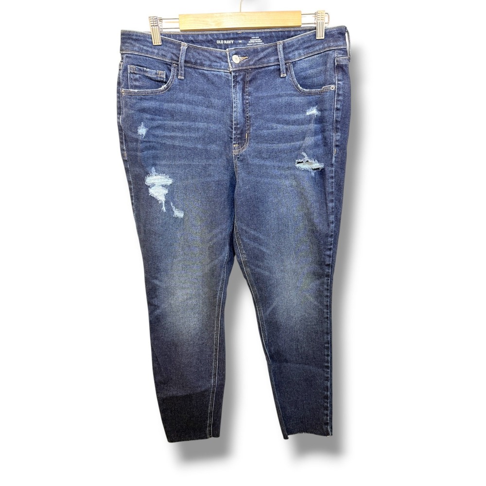 Old Navy Rockstar Super Skinny Jeans Womens 14 High Rise Blue Distressed Raw Hem